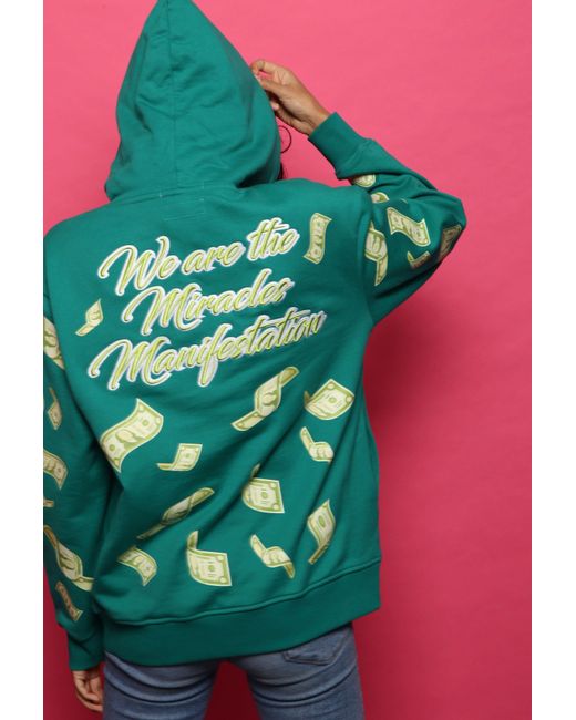 Miracles Manifester Green Manifestation Embroidered Hoodie With Rhinestone Design