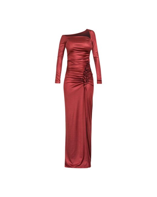Cliché Reborn Red Maxi Asymmetric Long Sleeve Dress With Ruched Detail In