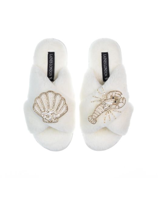 Laines London White Classic Laines Slippers With Pearl Beaded Lobster & Shell Brooches