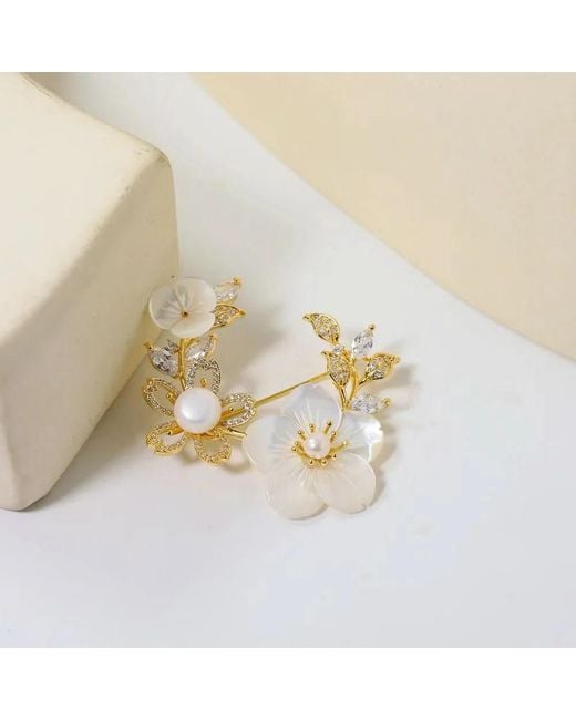 Angel Barocco Metallic Vintage Floral Mother-Of-Pearl Brooch
