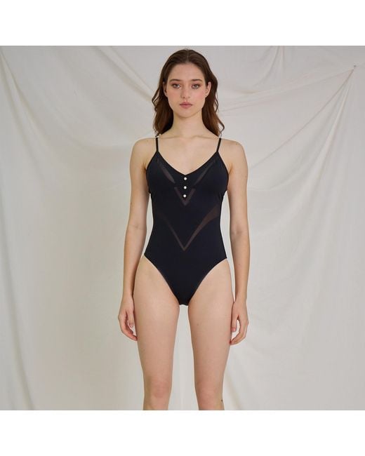 Aulala Paris Blue The Pearl V-Illusion One Piece Swimsuit With Mesh Detail