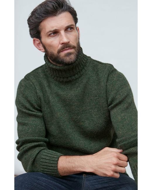 Paul James Knitwear Green The Fitted Submariner Lloyd Roll Neck Merino Wool Jumper for men