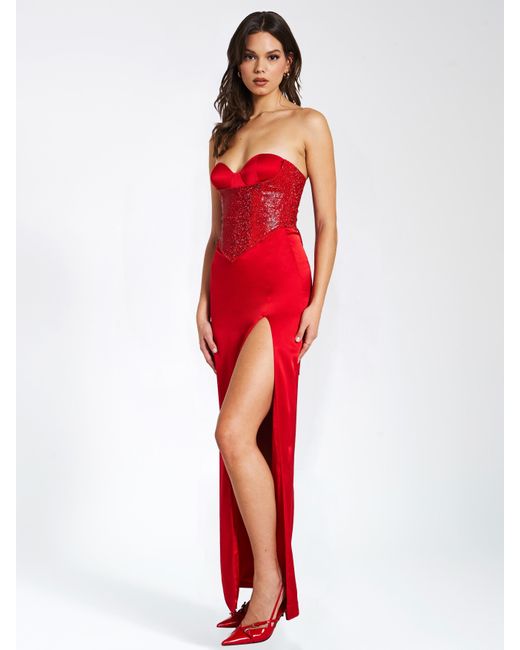 Miss Circle New York Red Kadesha Crystal High Slit Satin Corset Gown