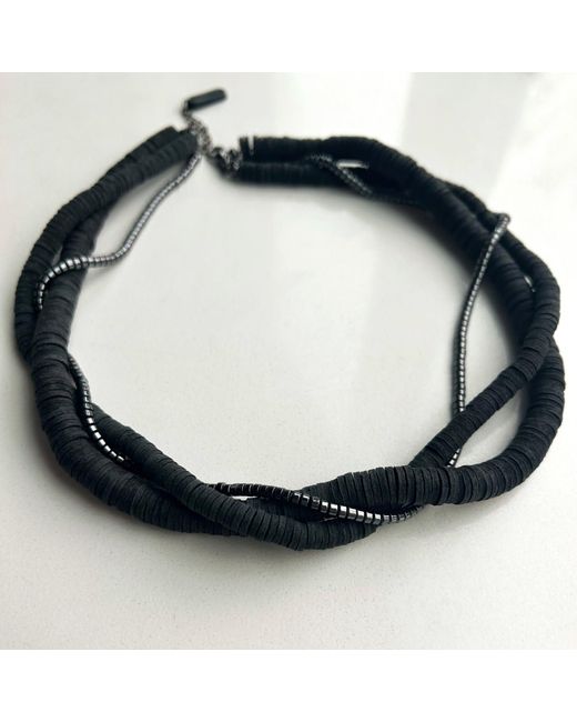 WAIWAI Black Layered Leather Hematite Necklace