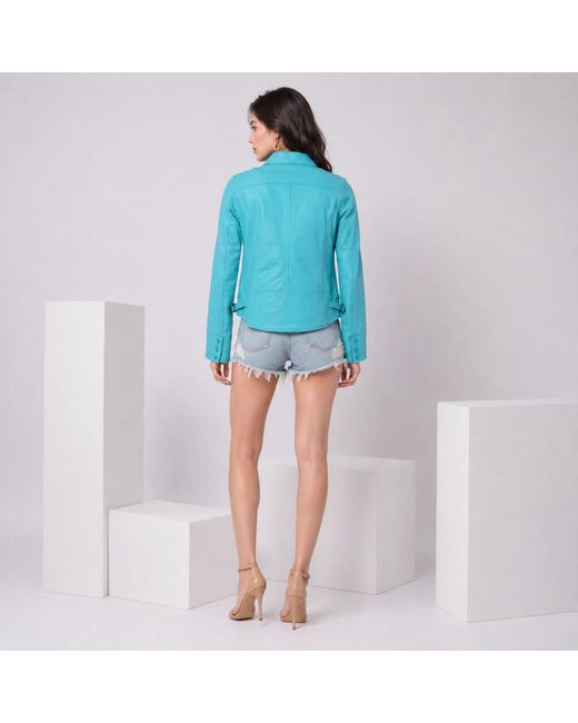 Zasta Studio Blue Bubble Gum Sky Multi Pocket Leather Jacket