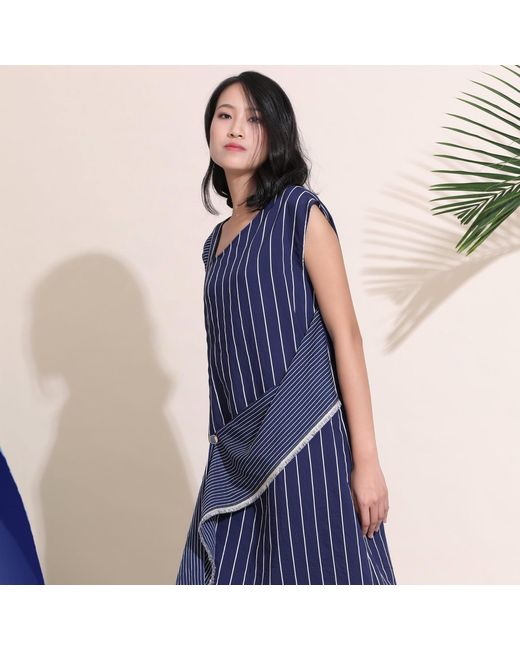 Smart and Joy Blue Asymmetric Stripe Trapeze Midi Dress