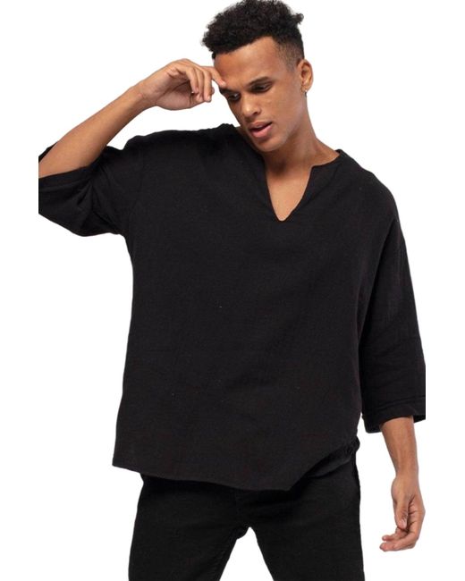 Monique Store Black Bohemian V Neck Model Linen Shirt for men