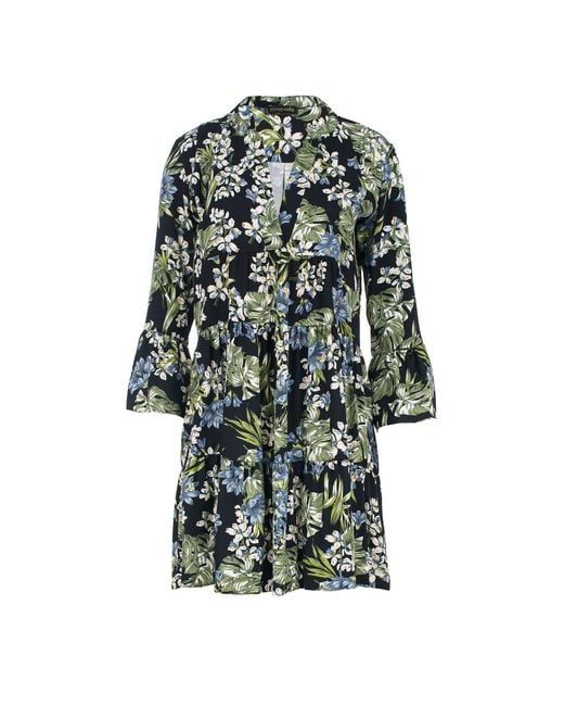 Conquista Green Khaki, Ecru & Blue Floral Dress With Bell Sleeves