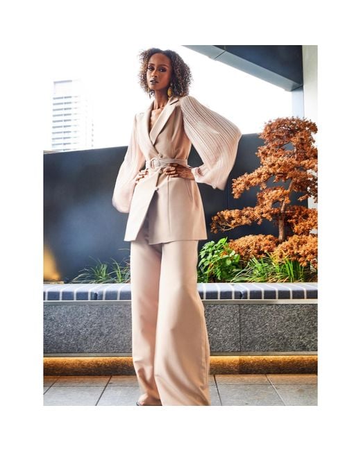 NALÈ Pink Pleated Sleeves Blazer With Detachable Belt & Palazzo Wide Leg Trouser Suit