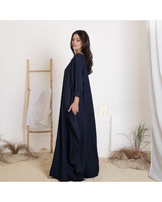 Nikka Place Blue Maxi Linen Kaftan Dress With Tie And Bracelet Sleeves