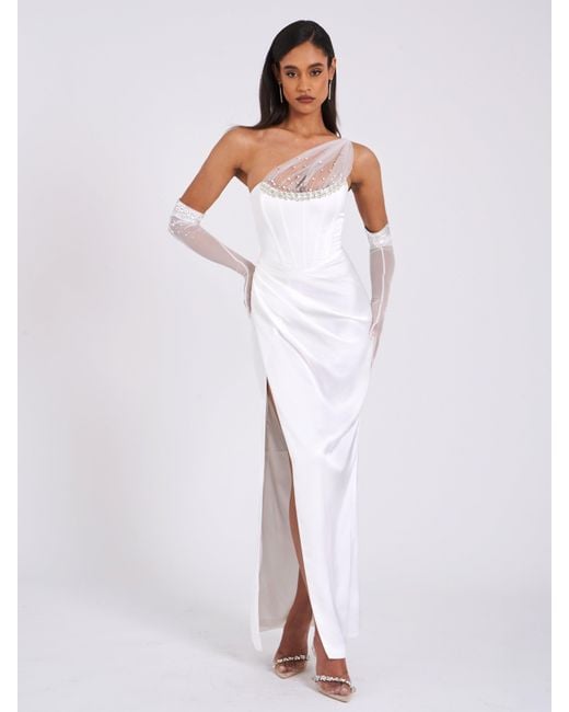 Miss Circle New York White Lora Crystal Embellished Mesh Satin Corset Gown