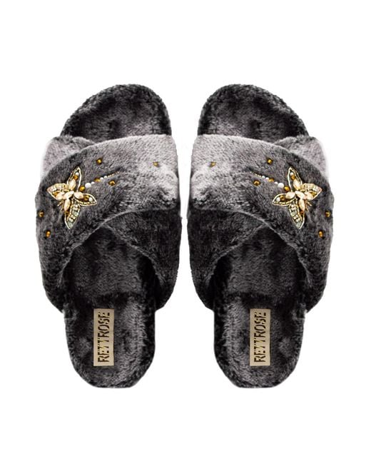 Rettrose Black Sofia Charcoal Luxury Plush Diamanté Embellished Handmade Slipper