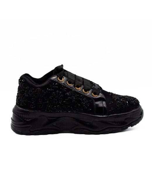 Rettrose Black Diana Luxury Noir Satin Handmade Embellished Trainer