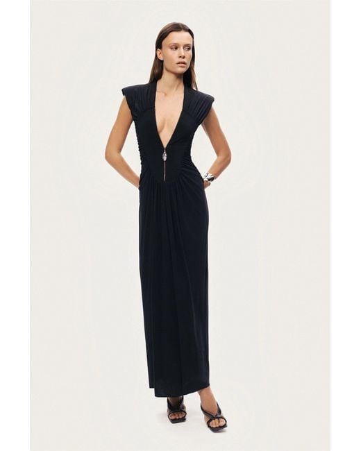 Nocturne Black Ruched Deep V-Neck Maxi Dress