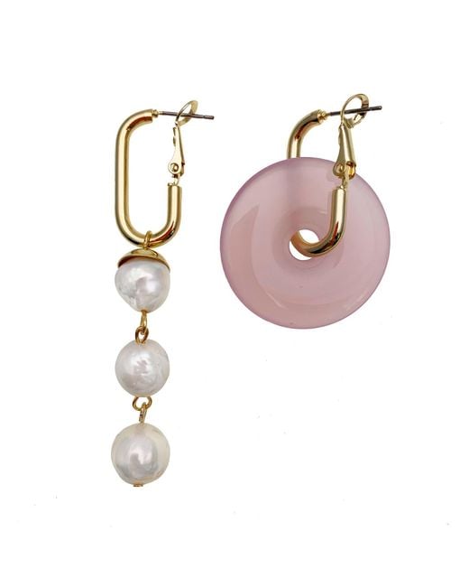 Farra Pink Round Rose Quartz With Freshwater Pearls Asymmetrical Clip On Earrings