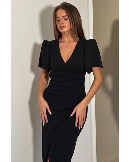 Girl In Mind Black Freya Puff Sleeve Wrap Neck Ruched Midi