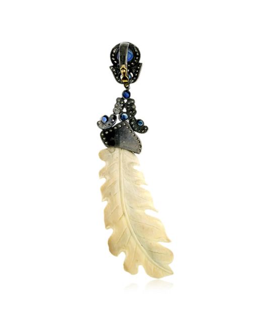 Artisan Metallic Carving Mammoth & Blue Sapphire With Pave Diamond In 18k Gold Silver Feather Pendant