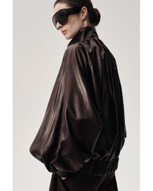 FRONT ROW SHOP Black Soft Pleated Balloon Leather Jakcet Dark