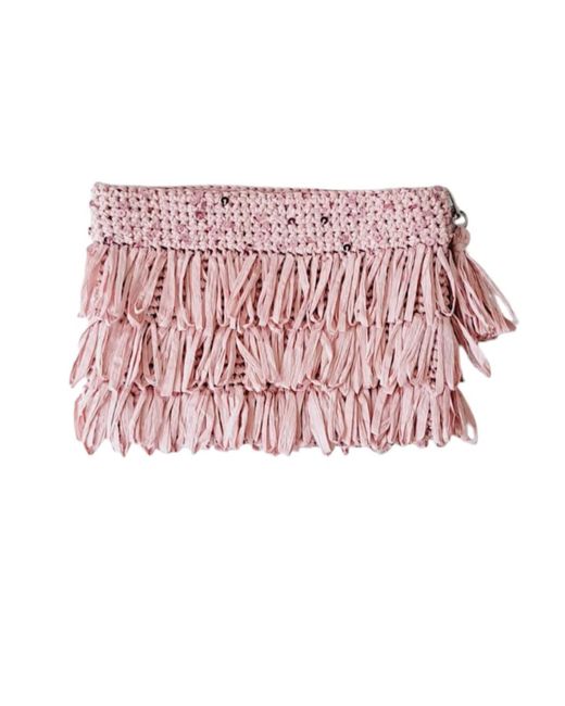 Springmoonatelier Pink Luxury Star Powder Sequin And Tassel Handmade Raffia Clutch Bag