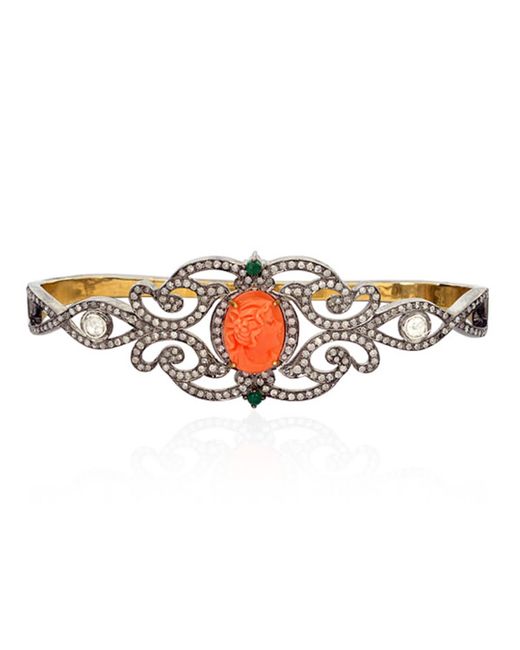 Artisan White Carved Coral & Emerald With Pave Diamond In 18k Gold And Silver Antique Palm Bracelet