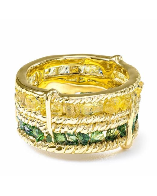 German Kabirski Metallic Tyra Handcrafted Plated Barrel Ring With Raw Sapphire And Chrome Diopside