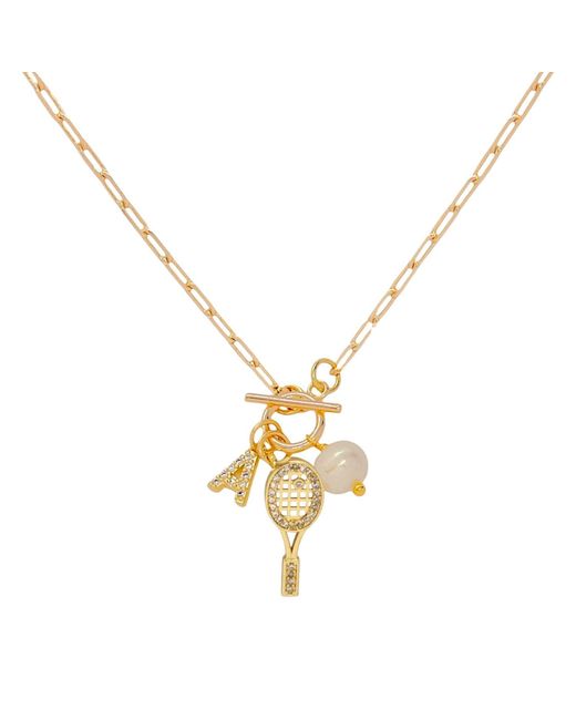 VALERIE CHIC Metallic Initial Letter Crystal Tennis Racket Pearl Necklace 18K