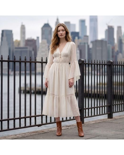 Modenaire White Vacation Style Ruffle Sleeve Maxi Dress With Plunging Neck & Tie Waist