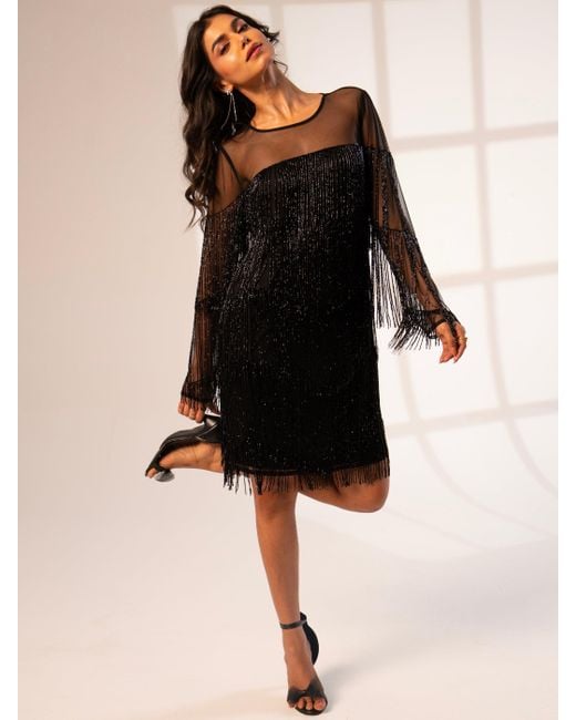 Rose & Nancy Women's Black Elise Beaded Fringe Mini Dress