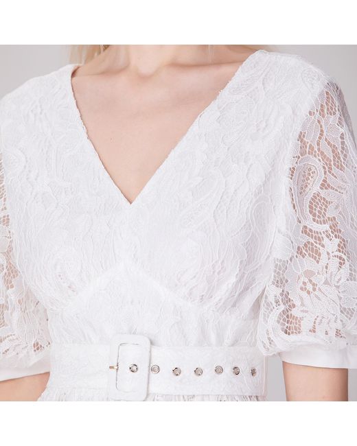 Smart and Joy White All-Lace Puffy Sleeves Dress With Belt