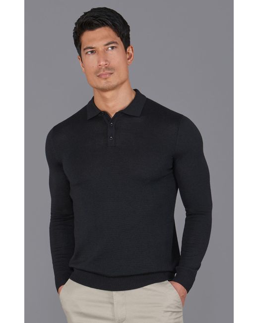 Paul James Knitwear Blue Extra Fine Merino Wool Turner Long Sleeve Polo Shirt for men