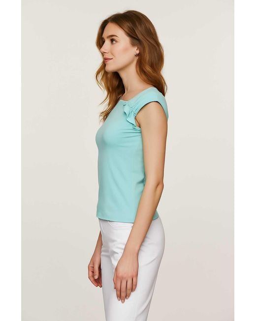 Conquista Blue Asymmetric Ruffle Sleeve Jersey Top – Aqua