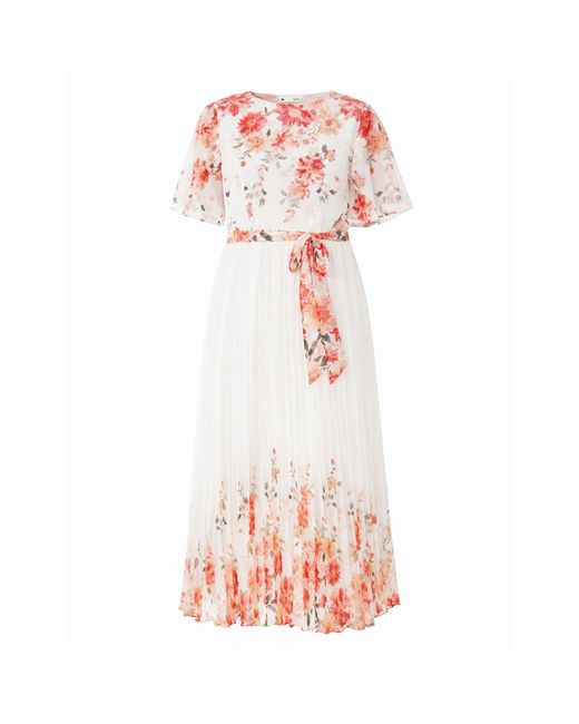 Yumi' Pink Mirror Floral Design Pleated Midi Dress