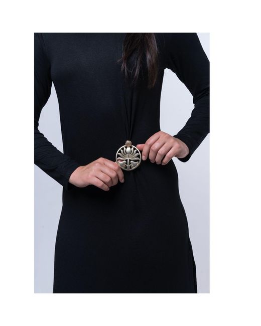 House of Gl Black Onyx Luxury Stretch Knit Long Sleeve Midi Dress With Lotus Emblem