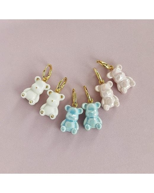 POPORCELAIN Pink Sweet Porcelain Teddy Bear Earrings, Tone