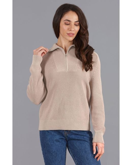 Paul James Knitwear Gray Neutrals Midweight Cotton Caitlyn Troyer Zip Neck Ribbed Jumper