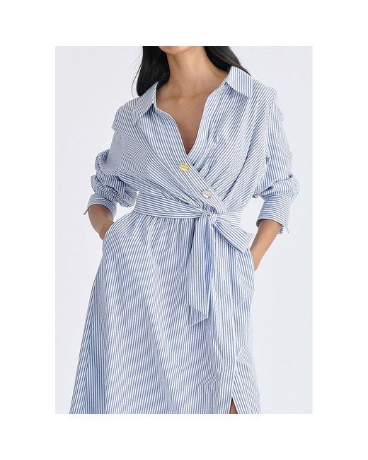 Paisie Blue Wrap Midi Shirt Dress With Metallic Button Details