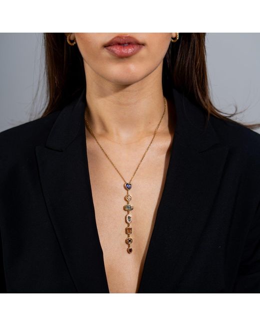 Ebru Jewelry Metallic Elegant Multi-Gem Y Drop Statement Necklace