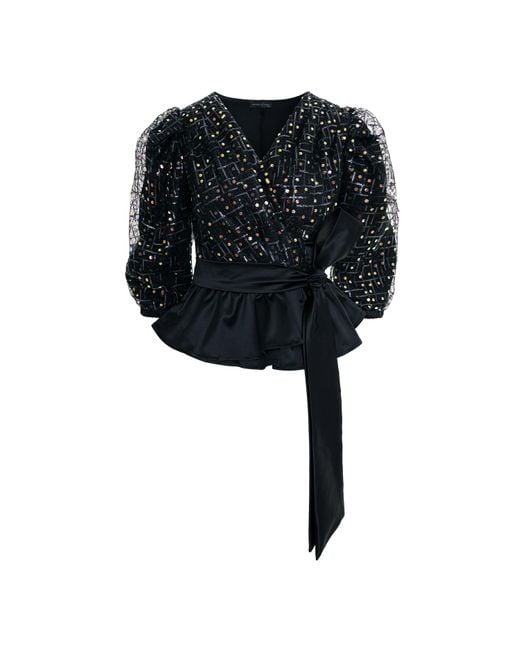 concept A trois Black Sequin Top With Puff Sleeves