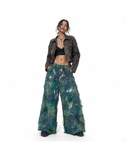Zasta Studio Blue Wearable Ruins Shredded Wide Leg Colored Denim Pants D