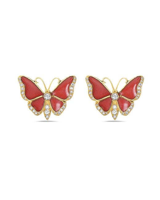 Artisan Red 18K With Natural Diamond Butterfly Design Enamel Stud Earrings