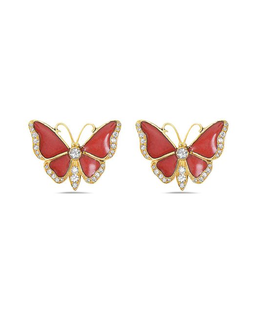 Artisan Red 18k Yellow Gold With Natural Diamond Butterfly Design Enamel Stud Earrings