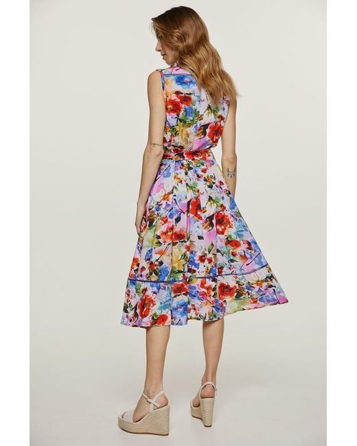 Conquista Blue Floral Sleeveless Dress With Belt