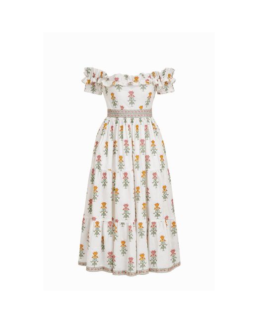 Echo of Pink White Isla Hand Block Print Offshoulder Cotton Maxi Dress