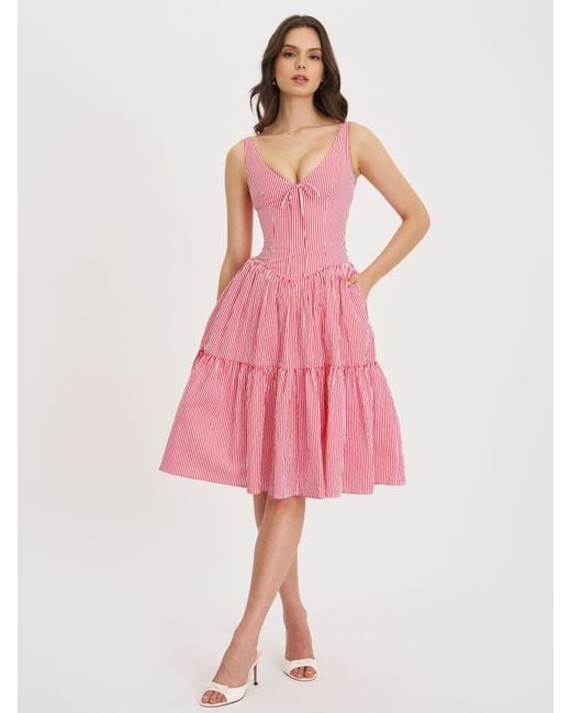 Miss Circle New York Pink Oceana Candy Stripe Drop Waist Midi Dress