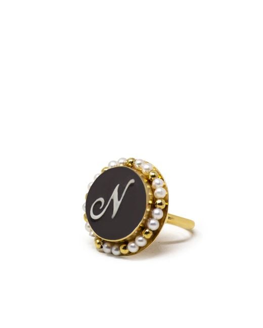 Vintouch Italy Metallic Gold Vermeil Black Cameo Pearl Ring Initial N