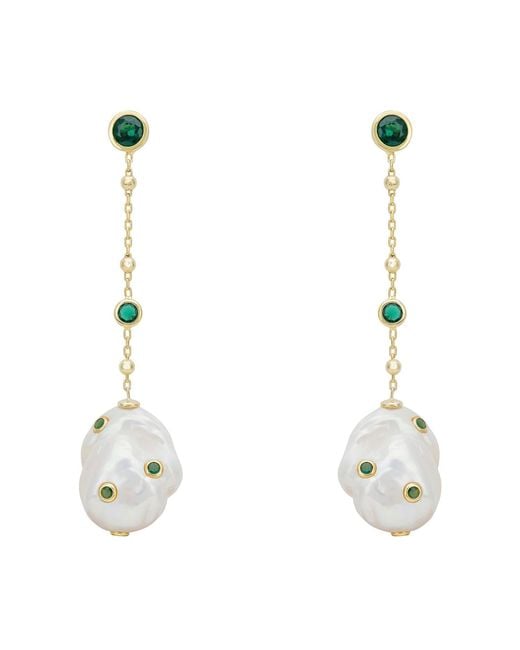 Latelita London White Polka Dot Baroque Pearl Chain Drop Earrings Emerald