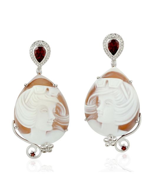 Artisan Metallic 18k White Gold Natural Diamond Red Garnet Carving Shell Cameos Dangle Earrings Jewelry