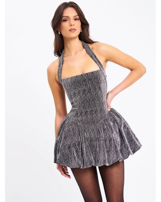 Miss Circle New York Gray Naomie Crystal Embellished Bubble Hem Halter Mini Dress