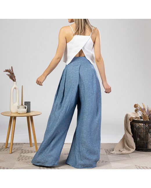 Nikka Place Blue Wide Leg Baggy Linen Pants With High Waist And Front Tie