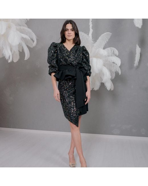 concept A trois Black Sequin Top With Puff Sleeves